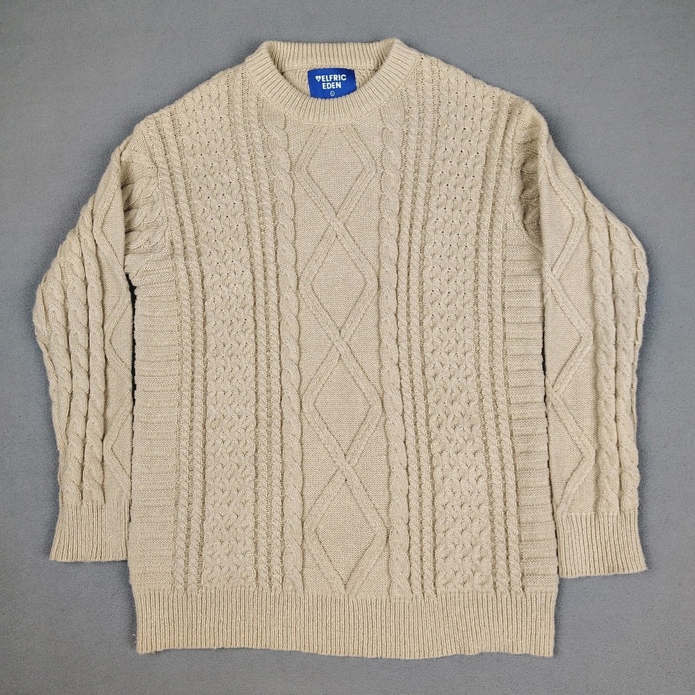 Aelfric Eden Cable Knit Sweater Men Large Tan Fisherman Chunky Coastal Cozy EC